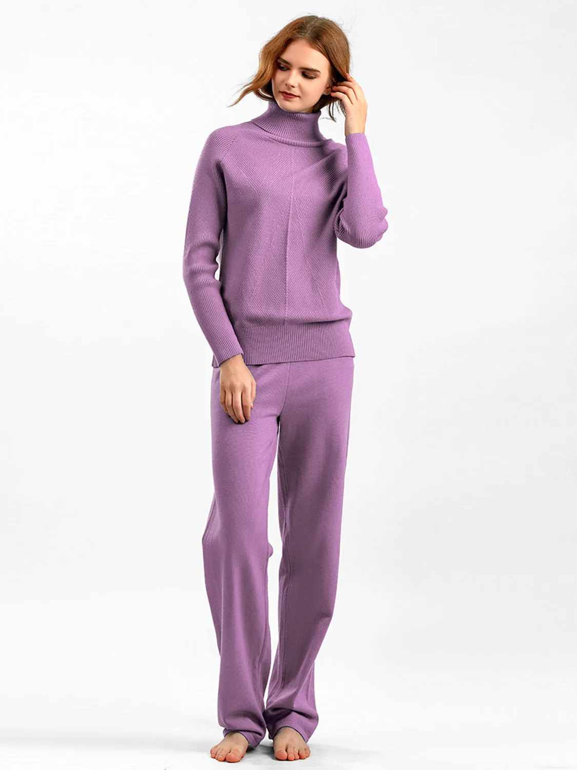 Turtleneck Raglan Sleeve Top and Pants Sweater Set
