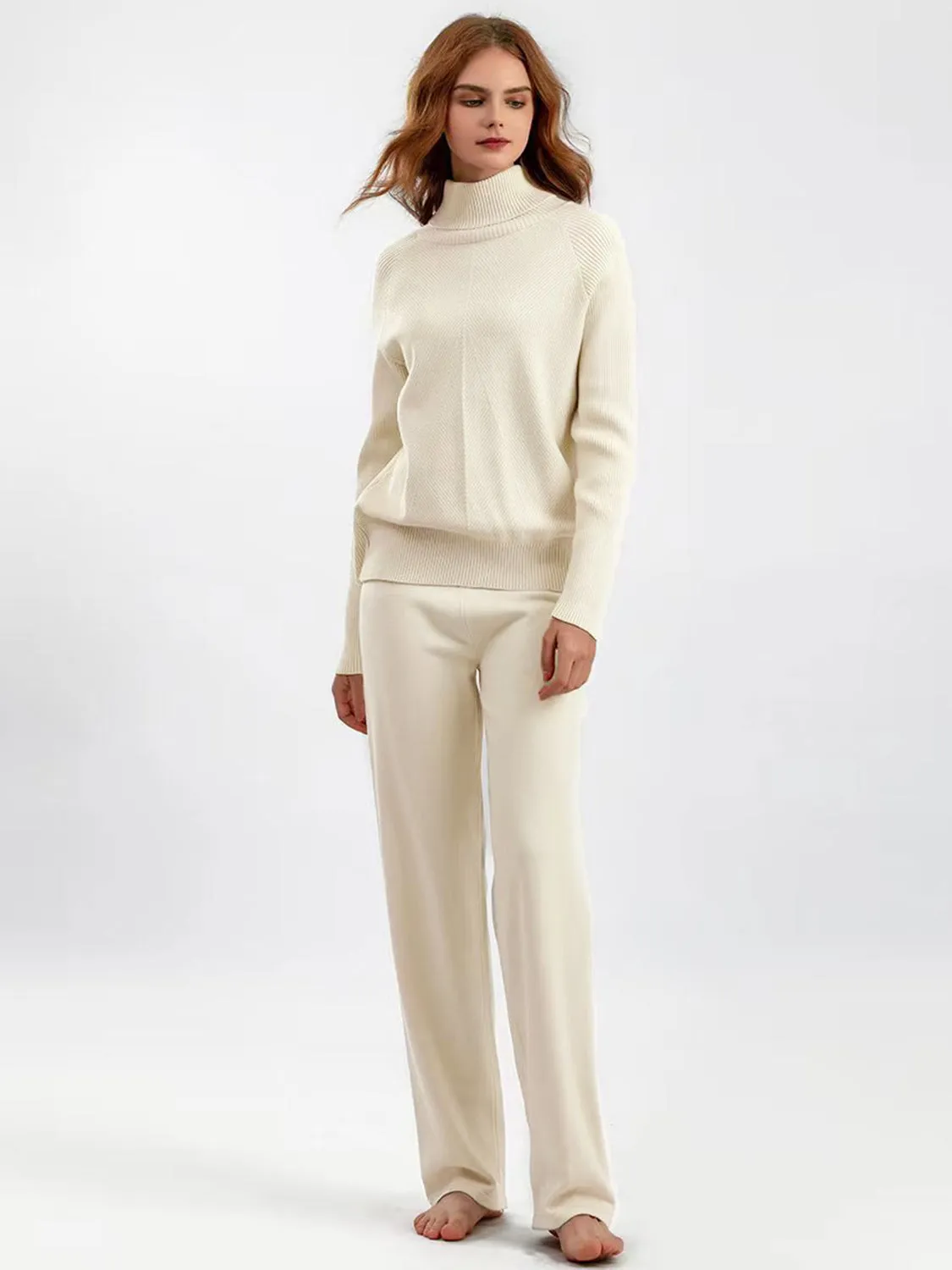 Turtleneck Raglan Sleeve Top and Pants Sweater Set