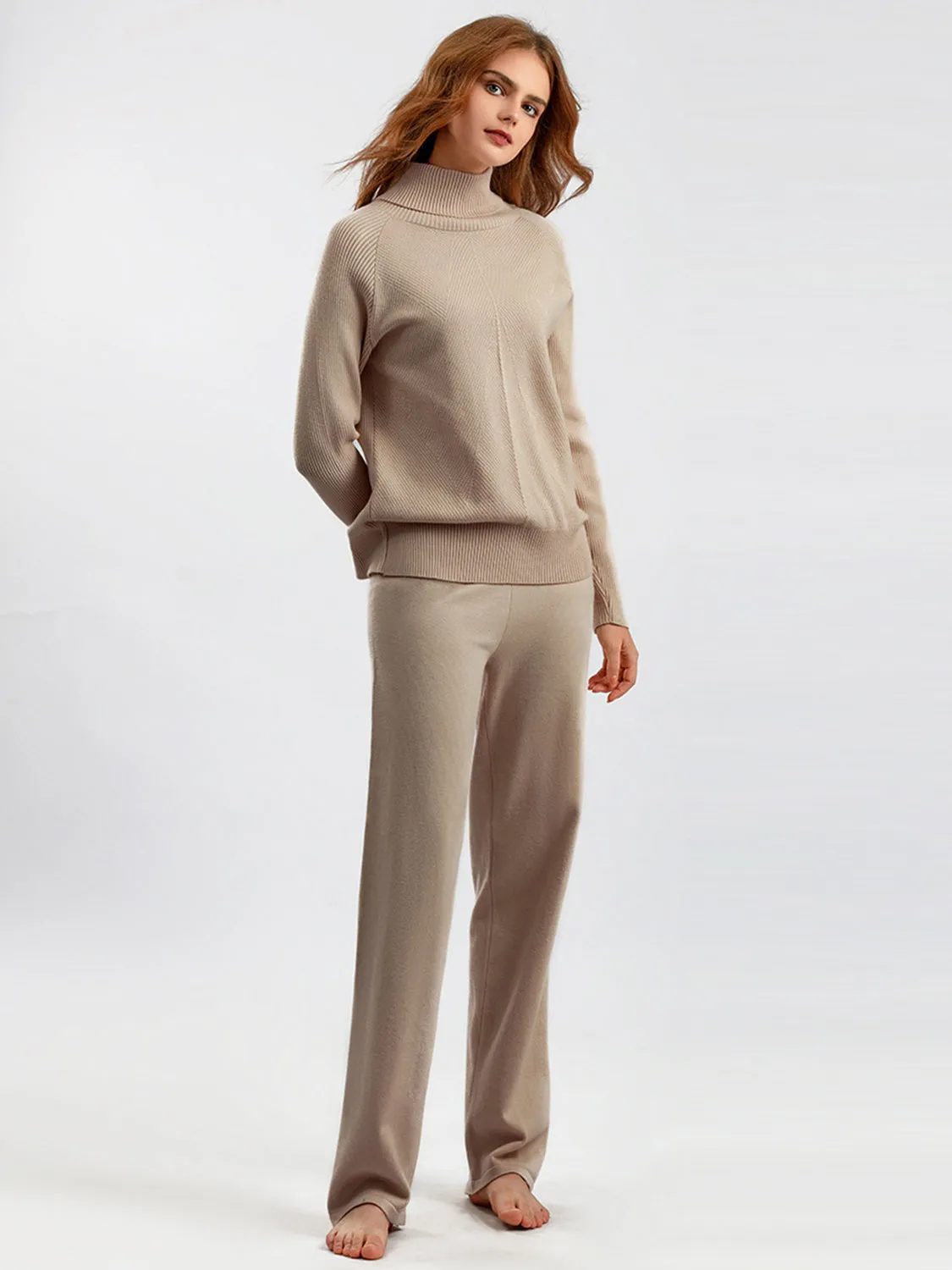 Turtleneck Raglan Sleeve Top and Pants Sweater Set