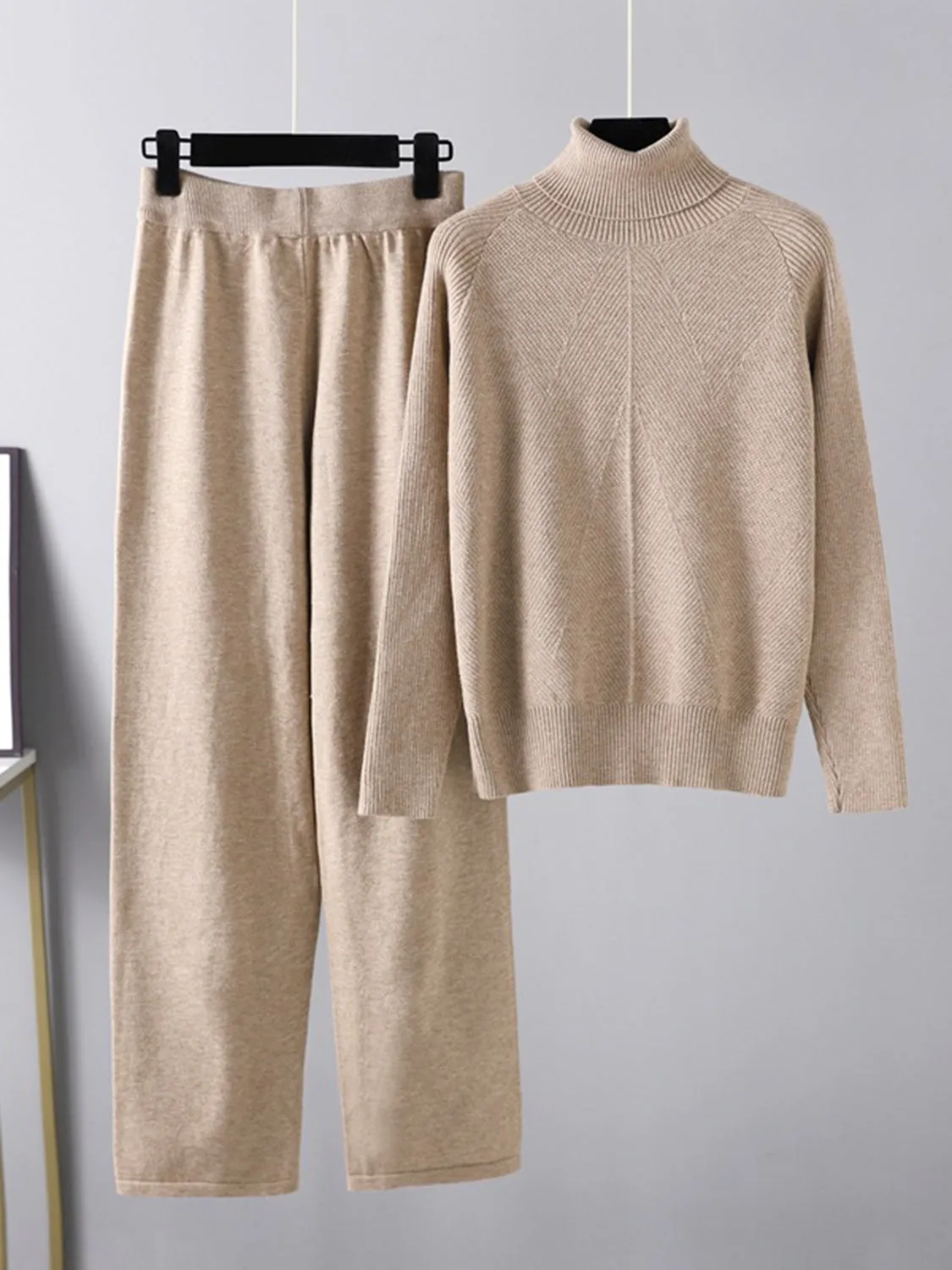 Turtleneck Raglan Sleeve Top and Pants Sweater Set