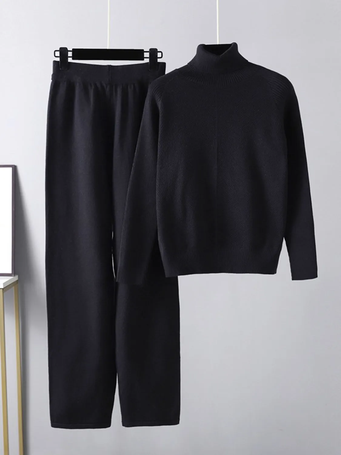 Turtleneck Raglan Sleeve Top and Pants Sweater Set