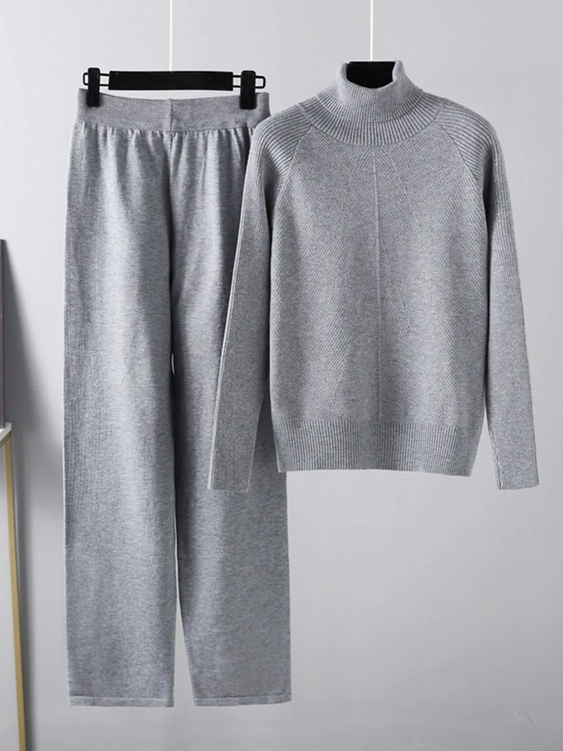 Turtleneck Raglan Sleeve Top and Pants Sweater Set