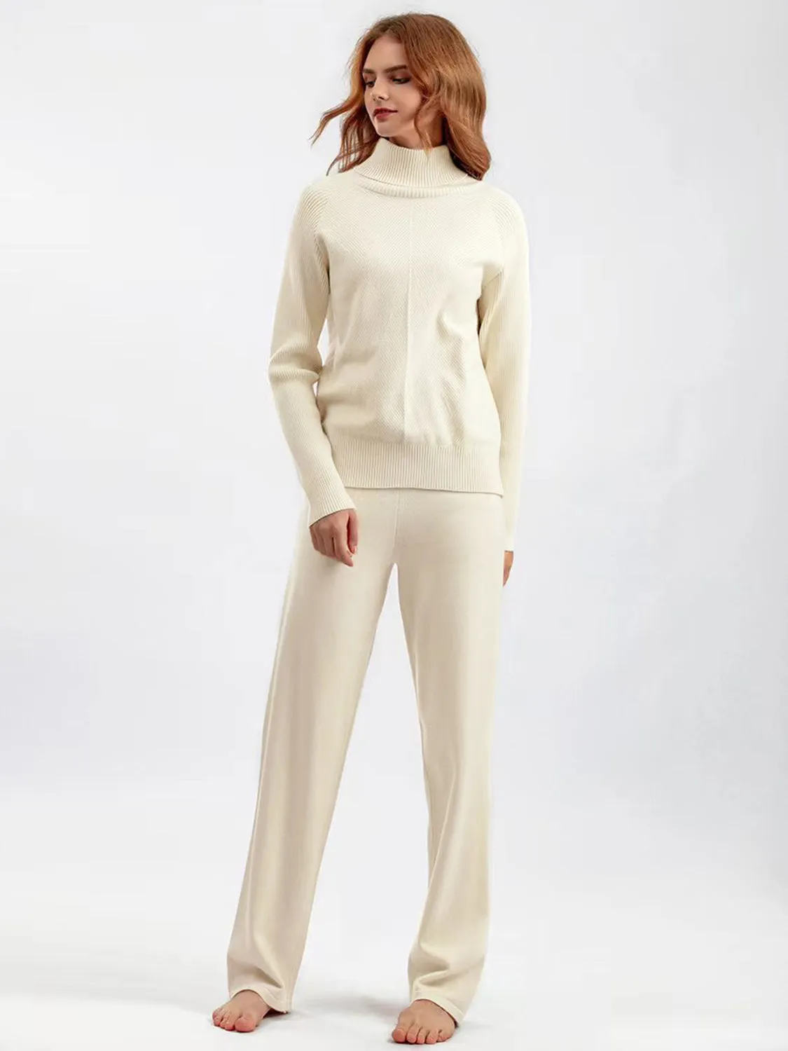 Turtleneck Raglan Sleeve Top and Pants Sweater Set