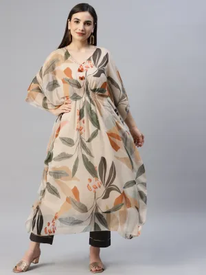 V-Neck Chiffon All Over Botonical Print Beige Flared Kaftan Set For Women - ZOLA