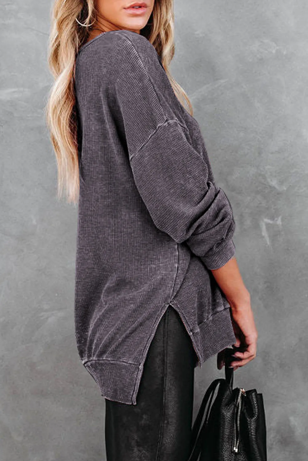 Waffle Knit Side Slit Pullover Top