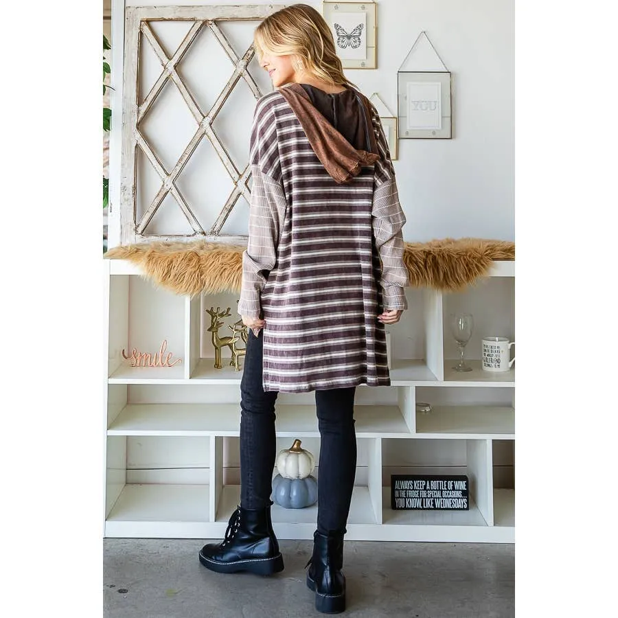 Washed Button Up Hooded Striped Knit Top: Dusty Grey