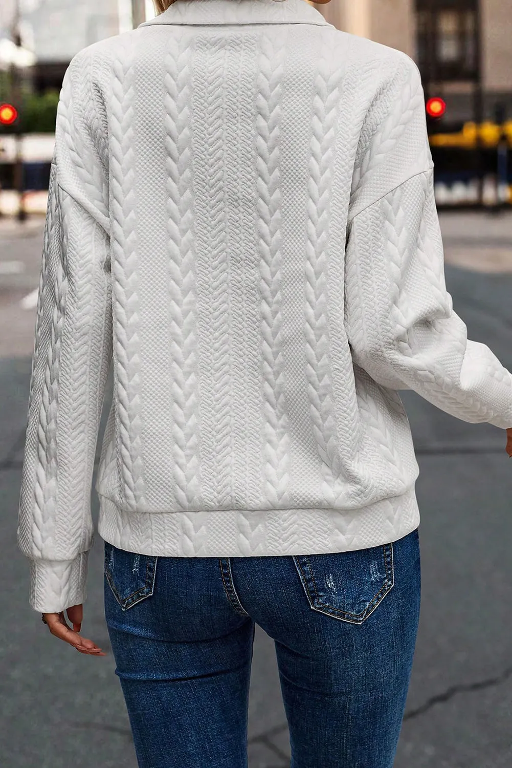 White Solid 1/4 Zipper Textured Pullover Sweatshirt
