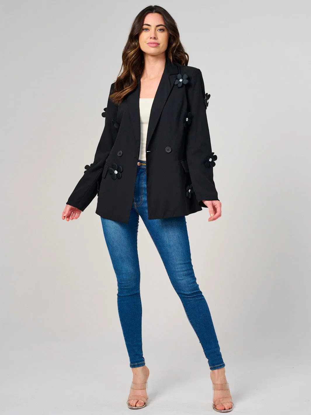 WOMEN'S LONG SLEEVE BUTTON CLOSURE FLOWER DETAILED BLAZER