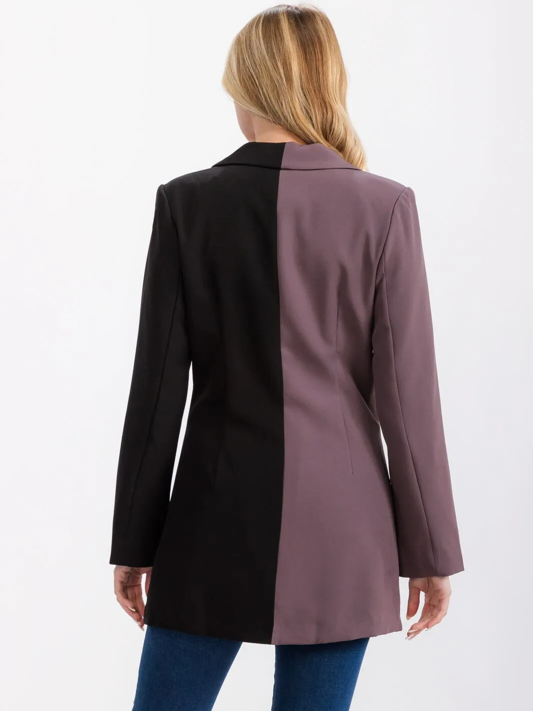 WOMEN'S LONG SLEEVE BUTTON CLOSURE FRONT POCKETS COLORBLOCK BLAZER