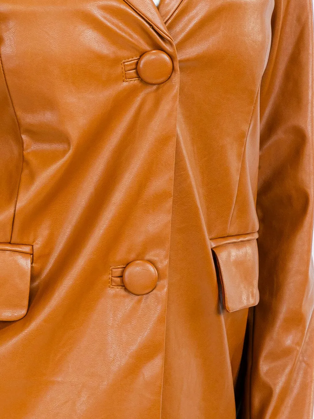 WOMEN'S LONG SLEEVE BUTTON CLOSURE POCKETS PU PLEATHER BLAZER