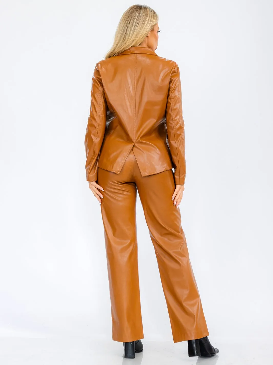 WOMEN'S LONG SLEEVE BUTTON CLOSURE POCKETS PU PLEATHER BLAZER