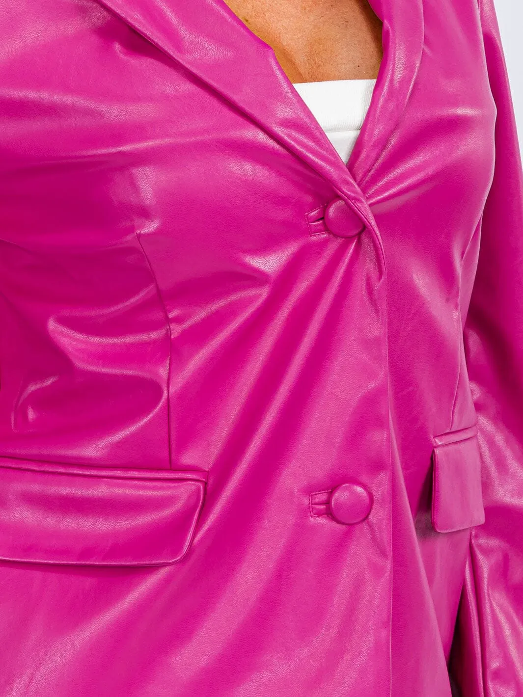 WOMEN'S LONG SLEEVE BUTTON CLOSURE POCKETS PU PLEATHER BLAZER