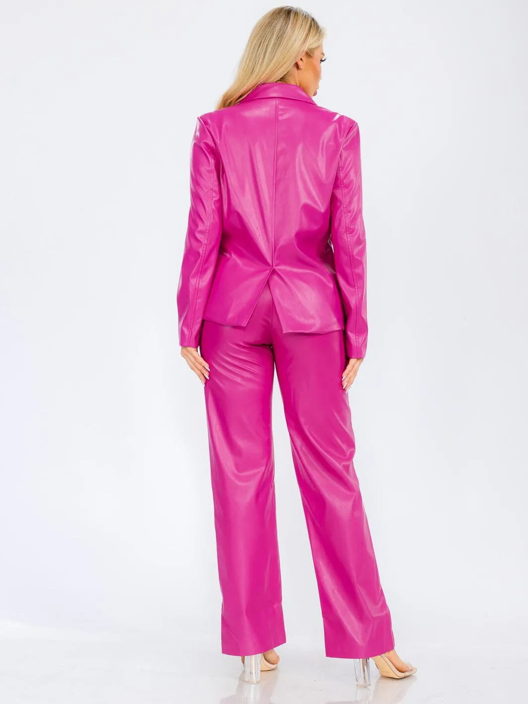 WOMEN'S LONG SLEEVE BUTTON CLOSURE POCKETS PU PLEATHER BLAZER