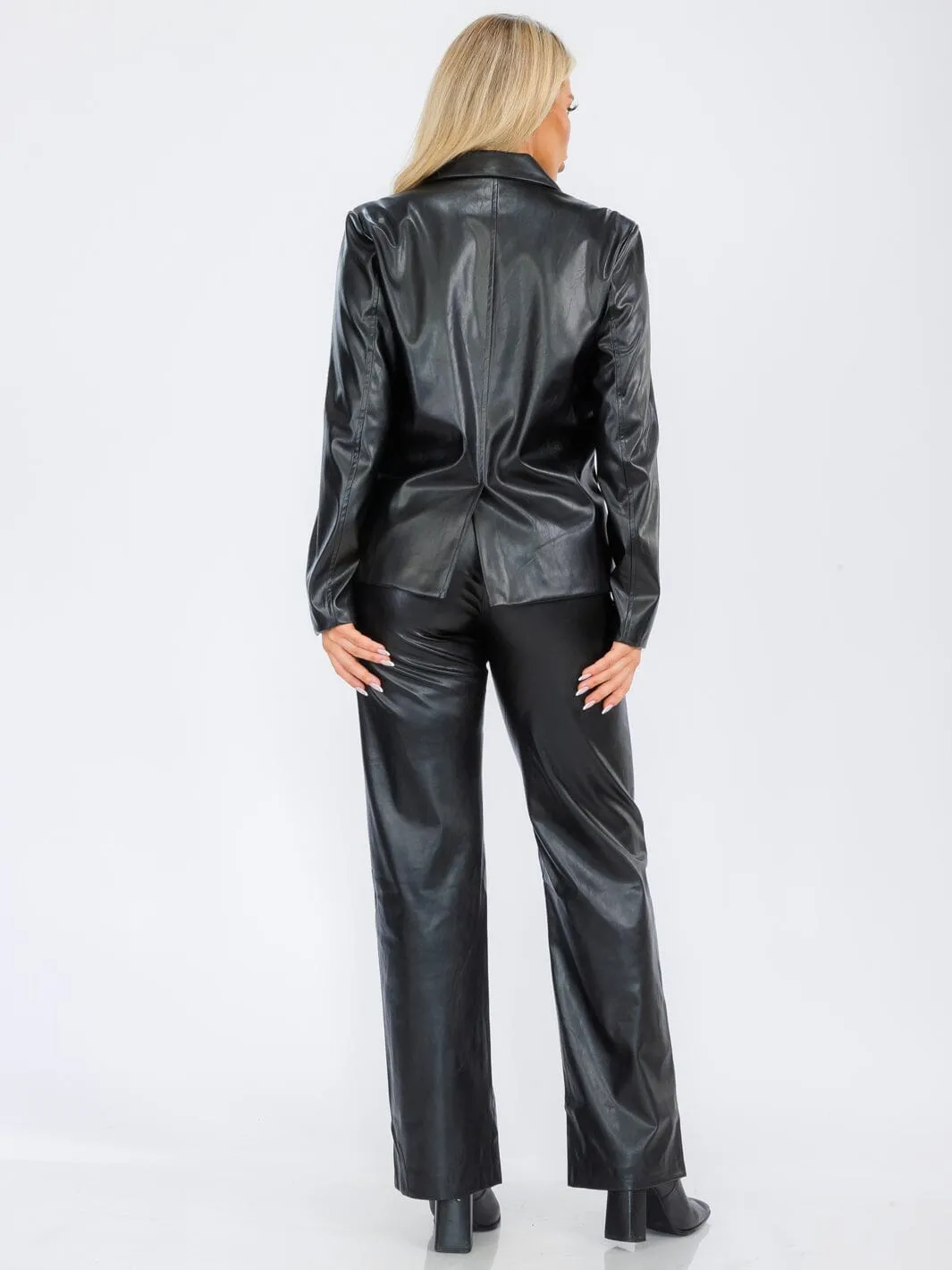 WOMEN'S LONG SLEEVE BUTTON CLOSURE POCKETS PU PLEATHER BLAZER