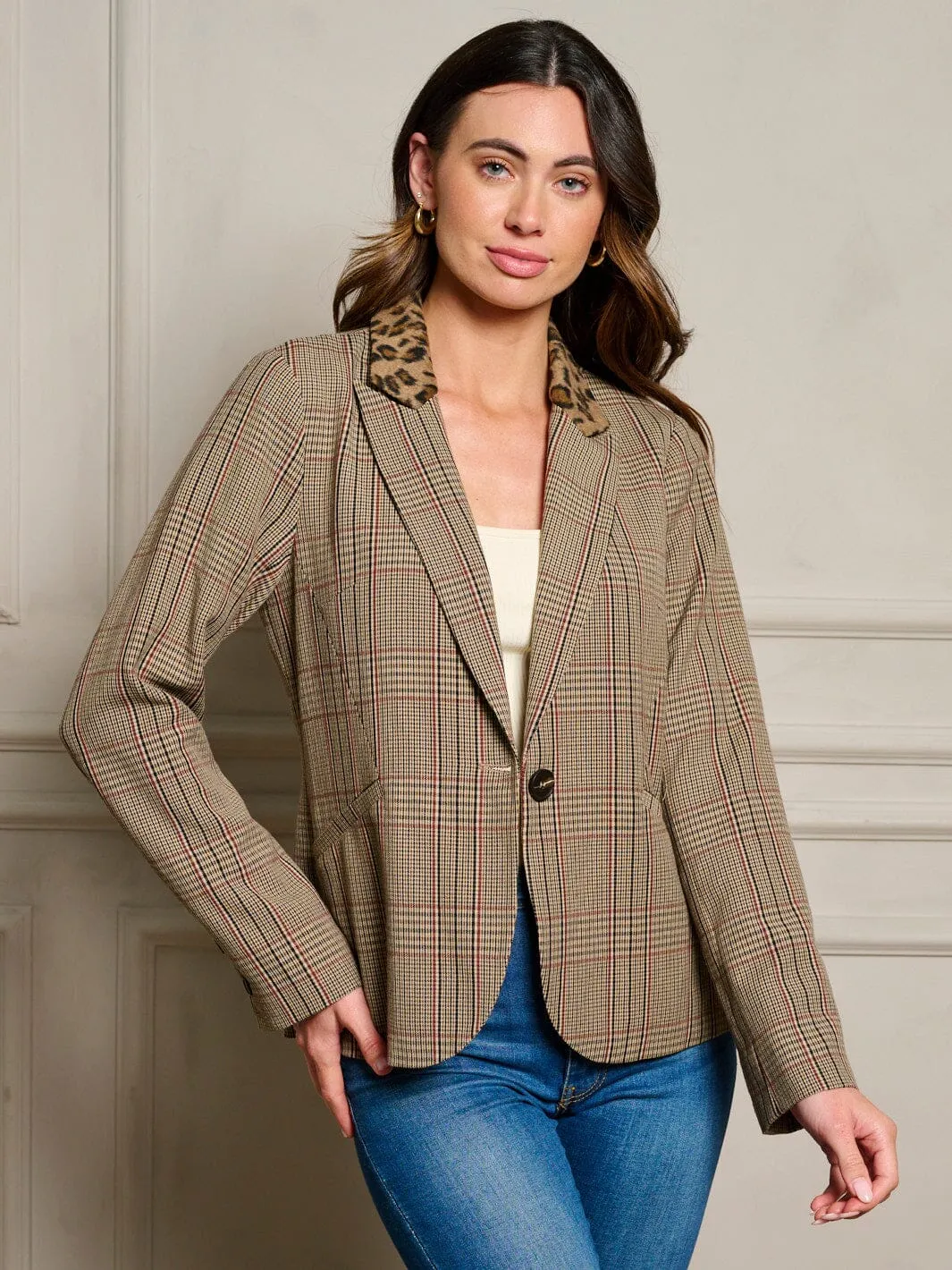 WOMEN'S LONG SLEEVE POCKETS BUTTON CLOSURE PLAID BLAZER