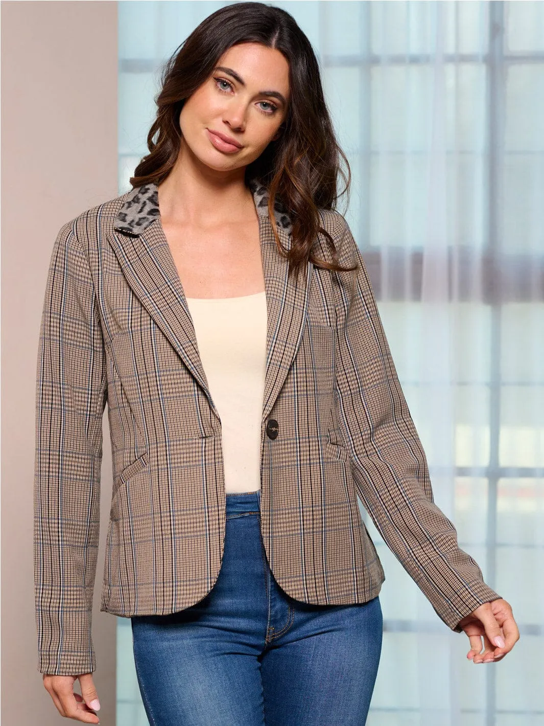 WOMEN'S LONG SLEEVE POCKETS BUTTON CLOSURE PLAID BLAZER