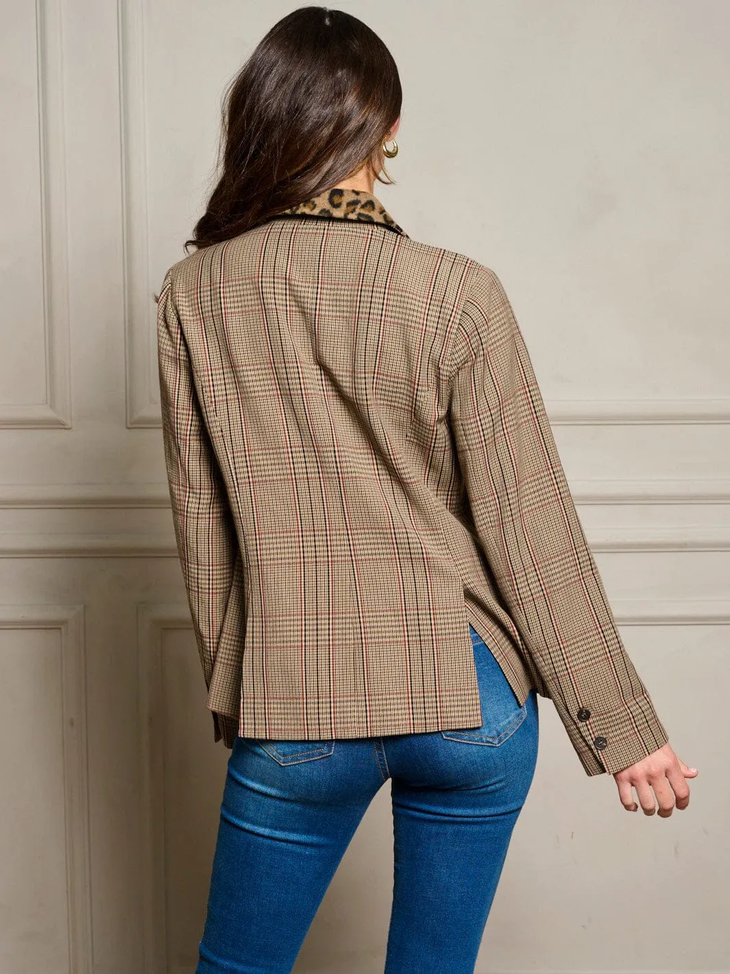 WOMEN'S LONG SLEEVE POCKETS BUTTON CLOSURE PLAID BLAZER