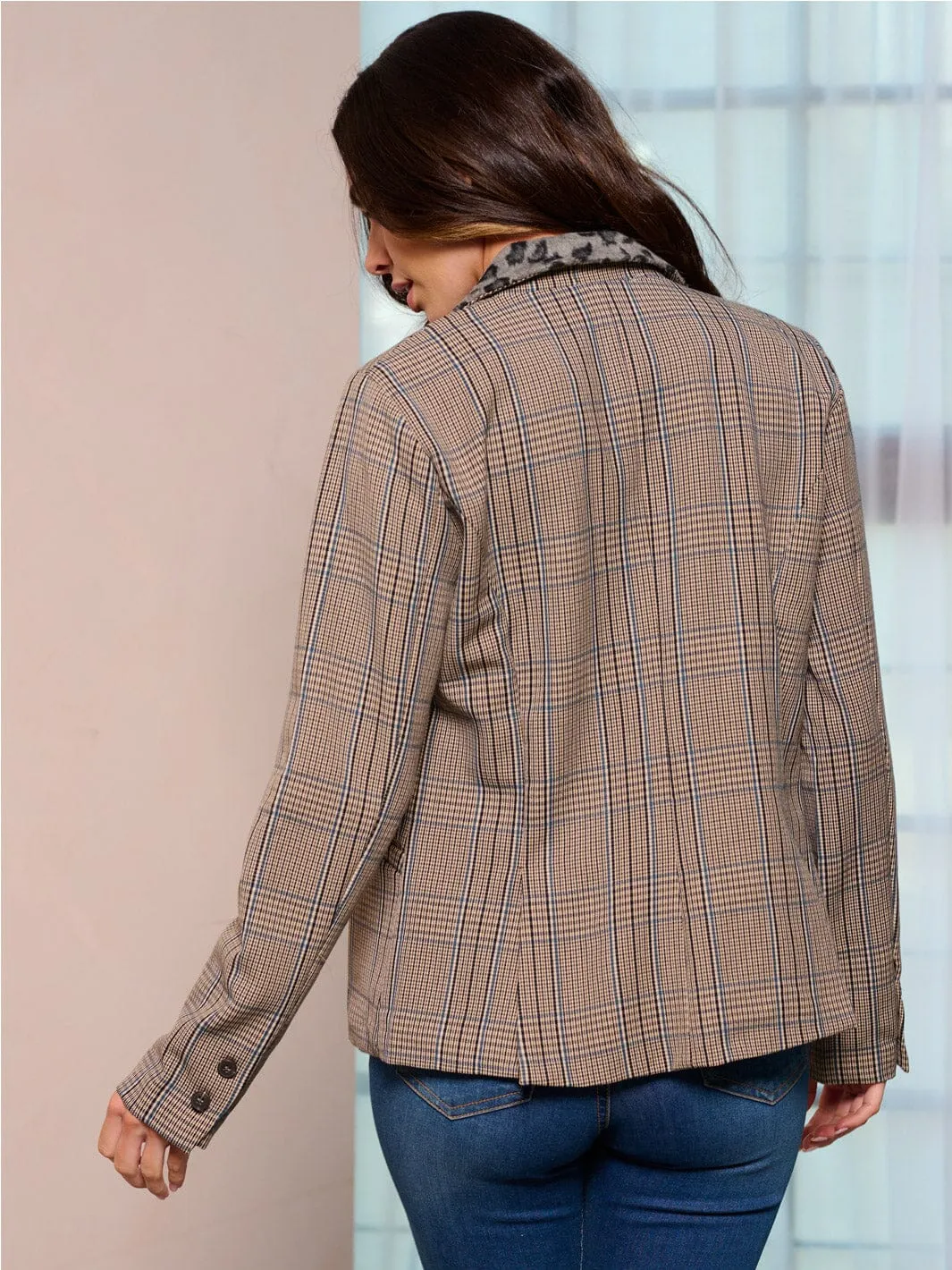 WOMEN'S LONG SLEEVE POCKETS BUTTON CLOSURE PLAID BLAZER