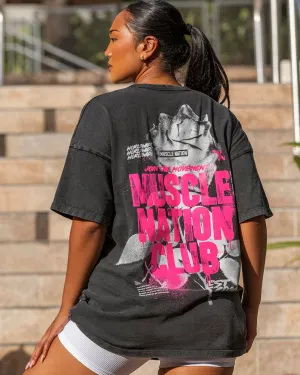 Womens Rose Vintage Oversized Tee - Washed Black