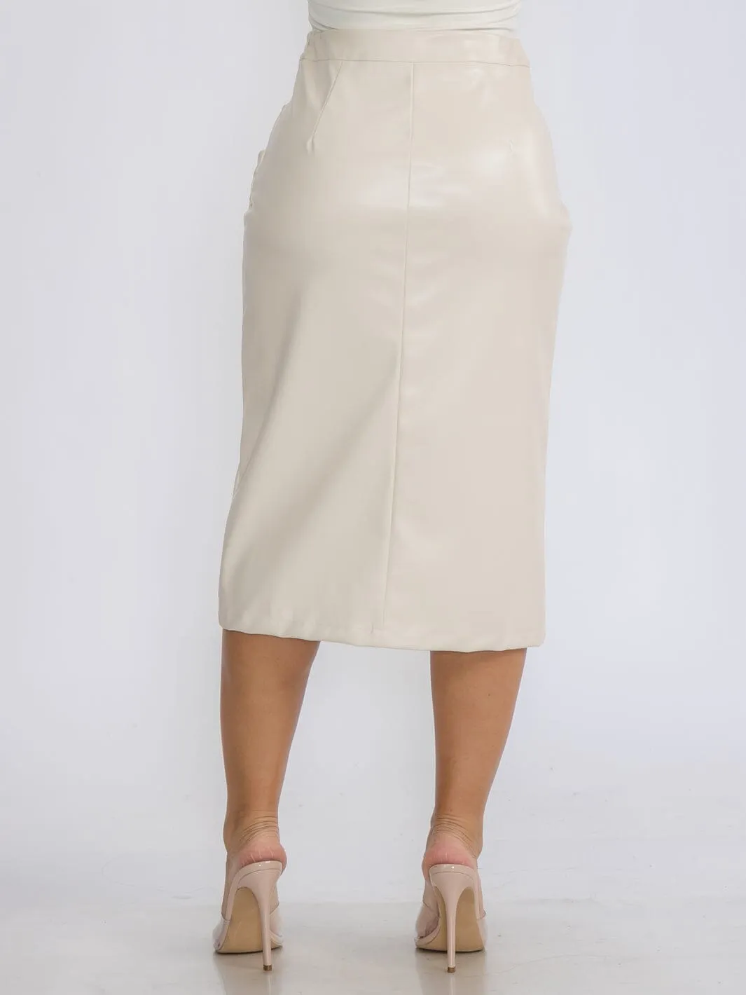 WOMEN'S ZIP UP RUCHED DETAILED PU PLEATHER MIDI SKIRT